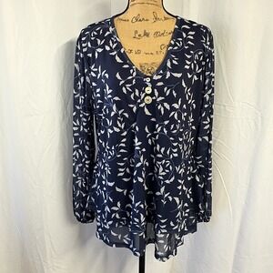 North Style Womens sz XL Top Blue Floral Sheer Overlay Peplum V Neck Long Sleeve